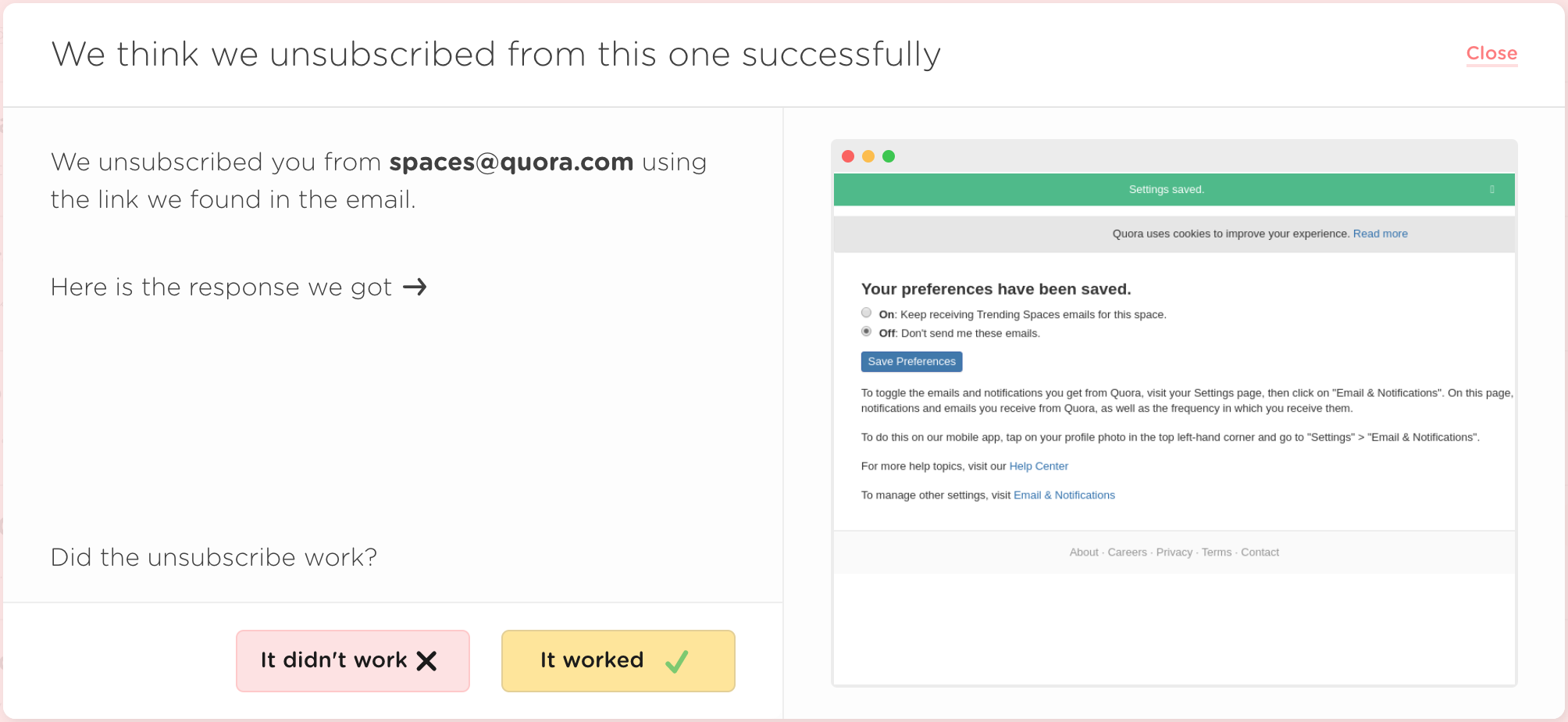 Leave Me Alone successfully unsubscribed from Quora emails and shows you the response