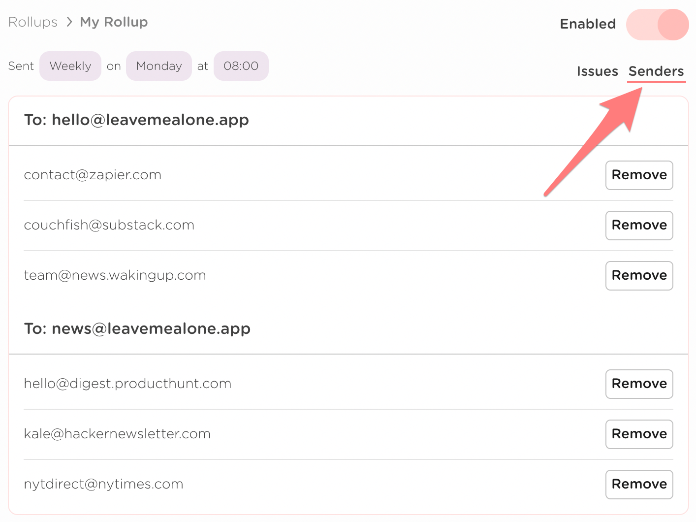 Or click the senders tab when viewing a Rollup