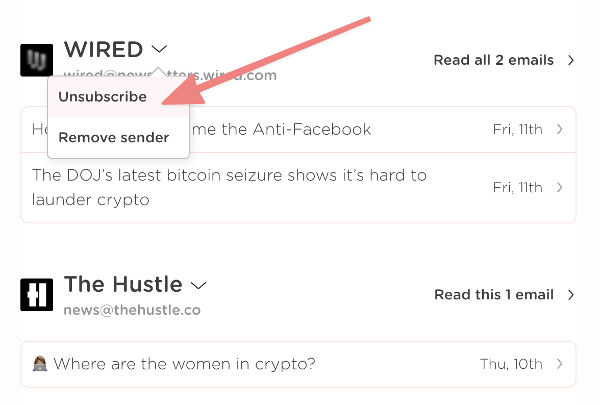 Click the options dropdown next to a sender and click Unsubscribe